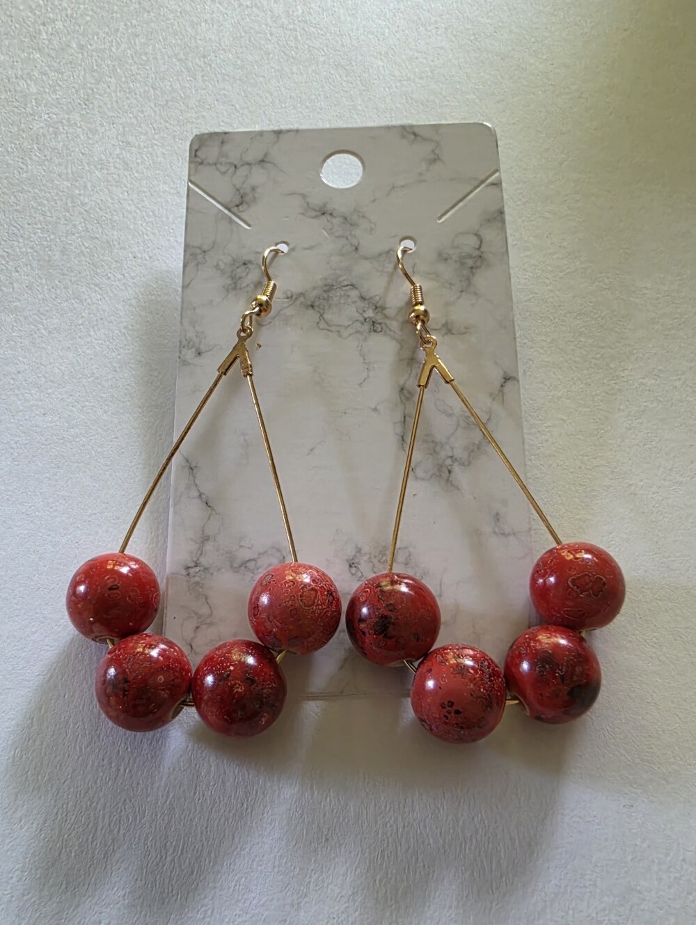 Gold Drop Earrings with Red Beads